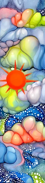 Free printable abstract cloud art bookmark featuring a red sun and abstract cloud art